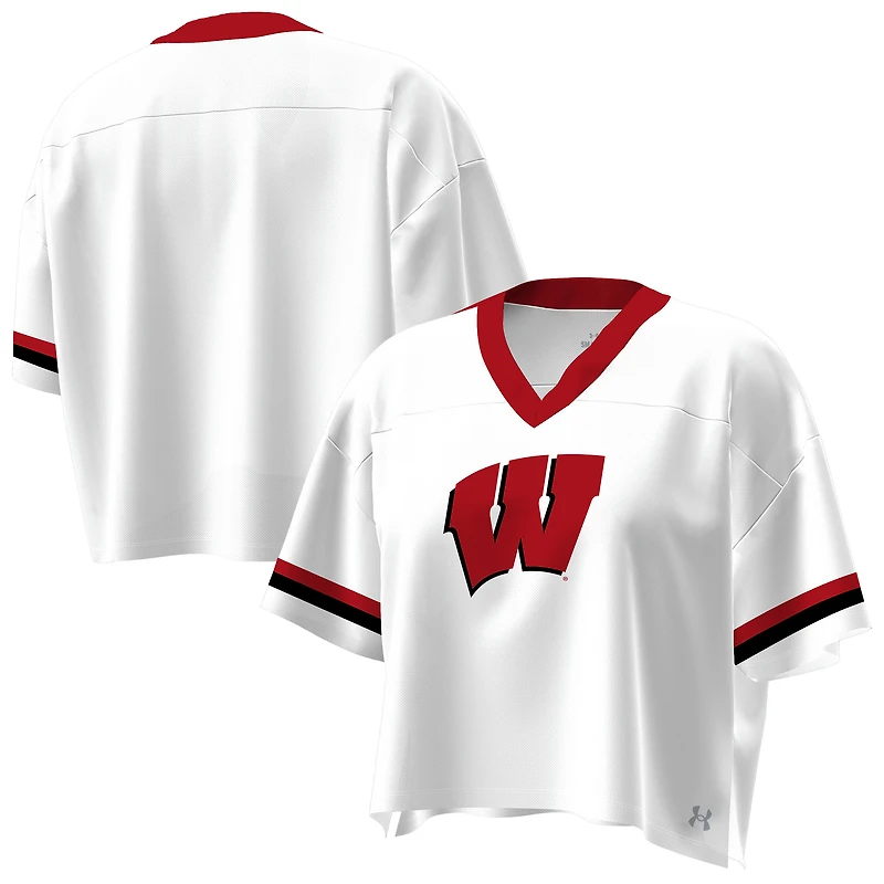 Women's Under Armour White Wisconsin Badgers Fashion Jersey Boxy Cropped V-Neck T-Shirt