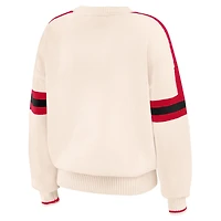 Women's WEAR by Erin Andrews  Cream Wisconsin Badgers Chenille Woven Patch Stripe Pullover Sweater