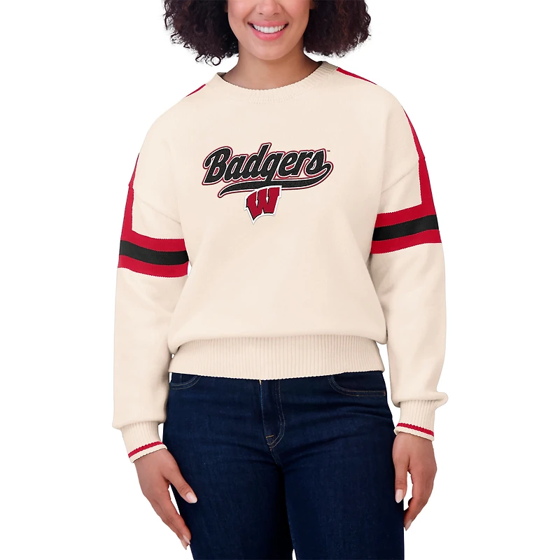Women's WEAR by Erin Andrews  Cream Wisconsin Badgers Chenille Woven Patch Stripe Pullover Sweater