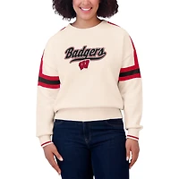 Women's WEAR by Erin Andrews  Cream Wisconsin Badgers Chenille Woven Patch Stripe Pullover Sweater