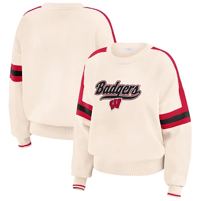 Women's WEAR by Erin Andrews Cream Wisconsin Badgers Chenille Woven Patch Stripe Pullover Sweater