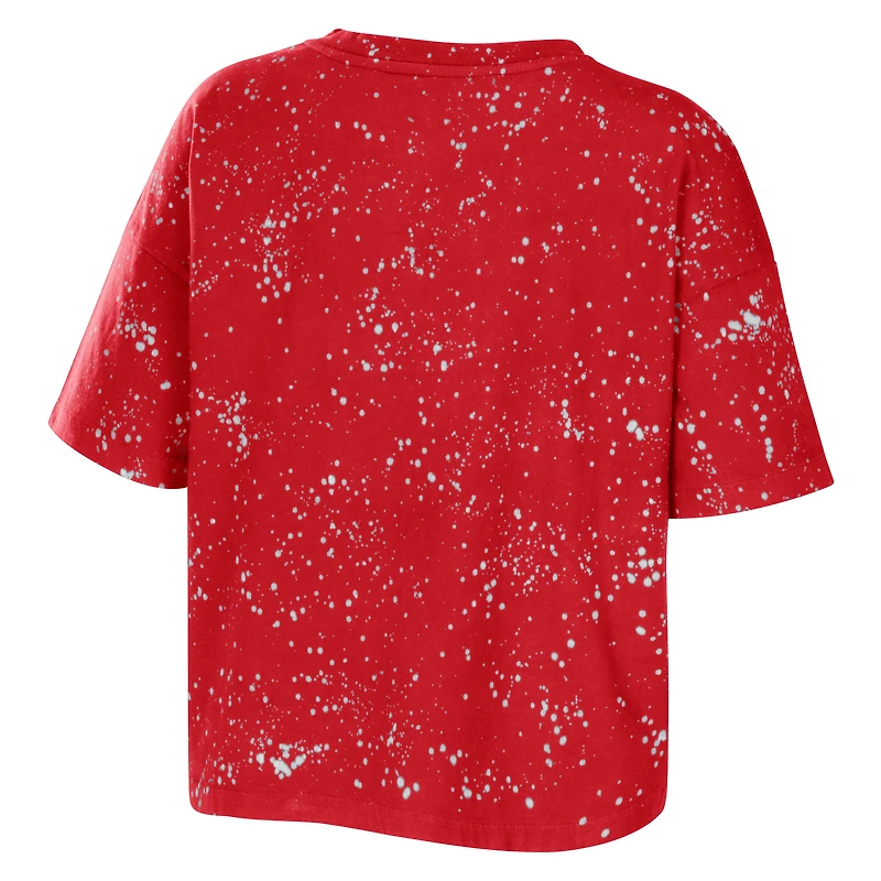 Women's WEAR by Erin Andrews Red Wisconsin Badgers Bleach Wash Splatter Cropped Notch Neck T-Shirt