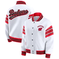 Women's WEAR by Erin Andrews White/Red Wisconsin Badgers Satin Stitch Full-Snap Fleece Sweatshirt Jacket