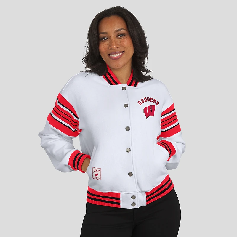 Veste sweat-shirt en polaire à boutons-pression et point satin blanc/rouge Wisconsin Badgers pour femme par Erin Andrews