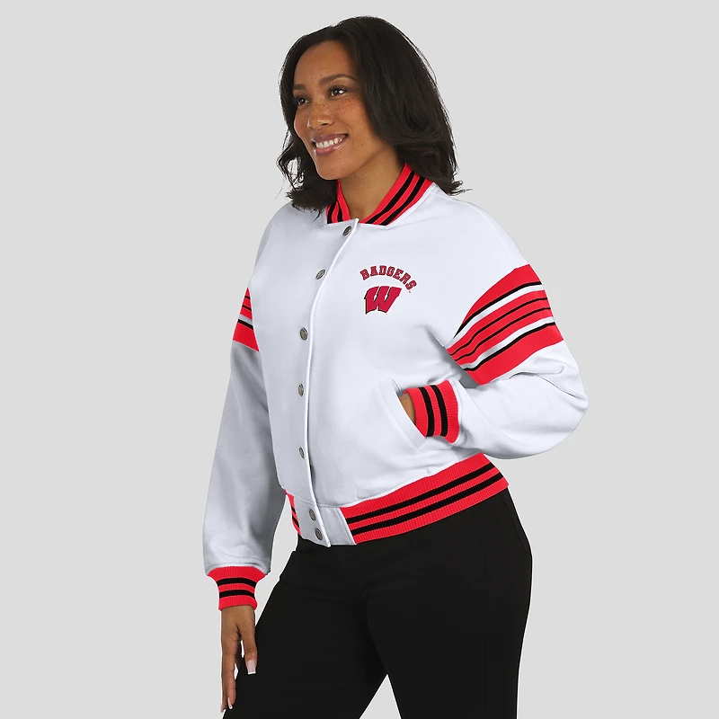 Women's WEAR by Erin Andrews White/Red Wisconsin Badgers Satin Stitch Full-Snap Fleece Sweatshirt Jacket