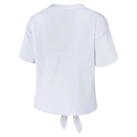 Women's WEAR by Erin Andrews White Wisconsin Badgers Striped Front Knot Cropped T-Shirt