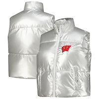 Women's ZooZatz Silver Wisconsin Badgers Metallic Cropped Full-Zip Sleeveless Puffer Vest