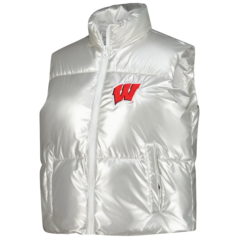Women's ZooZatz Silver Wisconsin Badgers Metallic Cropped Full-Zip Sleeveless Puffer Vest