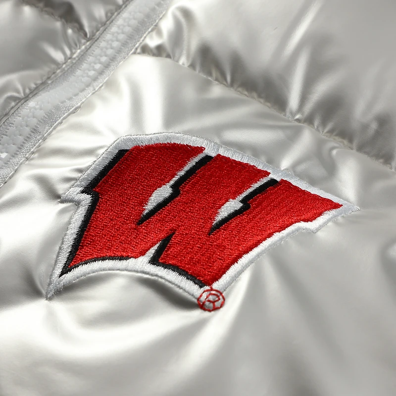 Women's ZooZatz Silver Wisconsin Badgers Metallic Cropped Full-Zip Sleeveless Puffer Vest