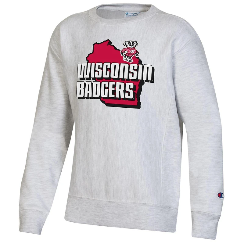 Youth Champion Heather Gray Wisconsin Badgers Reverse Weave Pullover Sweatshirt