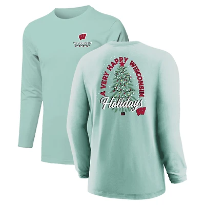 T-shirt à manches longues vert clair pour jeunes, Wisconsin Badgers, avec sapin de Noël