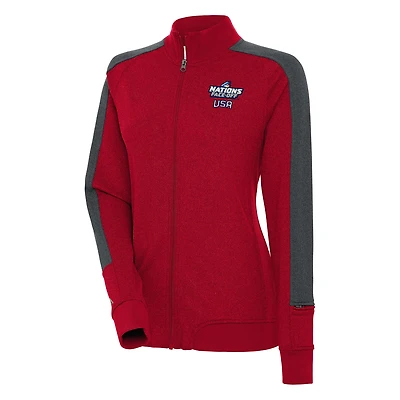 Veste de survêtement zippée intégrale Antigua rouge pour femme, USA Hockey 2025 4 Nations Face Off Strike