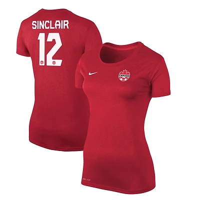 T-shirt Nike pour femme Christine Sinclair rouge, légende du soccer canadien, avec nom et numéro