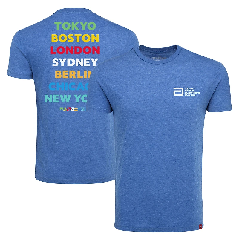 T-shirt unisexe Sportiqe Heather Royal Abbott World Marathon Majors confortable en trois parties