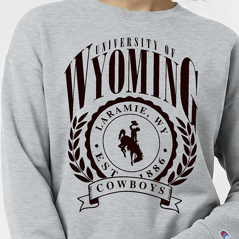 Women's Champion  Heather Gray Wyoming Cowboys Academic Crest Powerblend Crewneck Sweatshirt