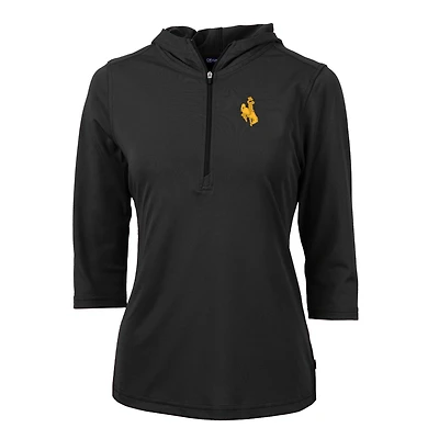 Women's Cutter & Buck Black Wyoming Cowboys Virtue Eco Pique Half-Zip 3/4 Sleeve Pullover Hoodie