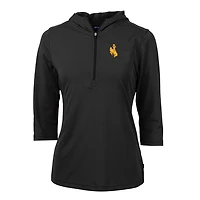 Women's Cutter & Buck Black Wyoming Cowboys Virtue Eco Pique Half-Zip 3/4 Sleeve Pullover Hoodie