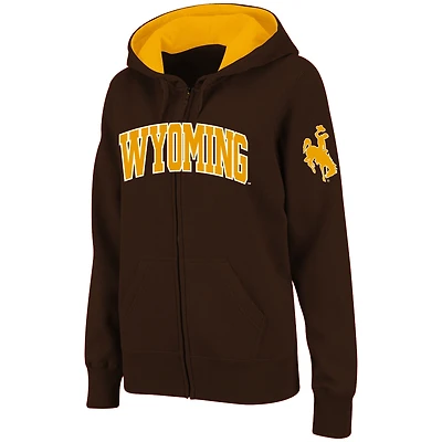 Sweat à capuche zippé marron pour femme, motif Wyoming Cowboys, avec inscription en arc de cercle.