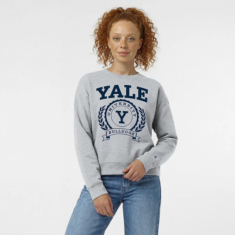 Women's Champion Heather Gray Yale Bulldogs Academic Crest Powerblend Crewneck Sweatshirt