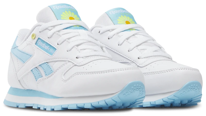 Reebok Girls Reebok Classic Leather - Girls' Preschool Shoes White/Digital Blue/Electric Yellow Size 12.0