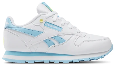 Reebok Girls Reebok Classic Leather - Girls' Preschool Shoes White/Digital Blue/Electric Yellow Size 12.0