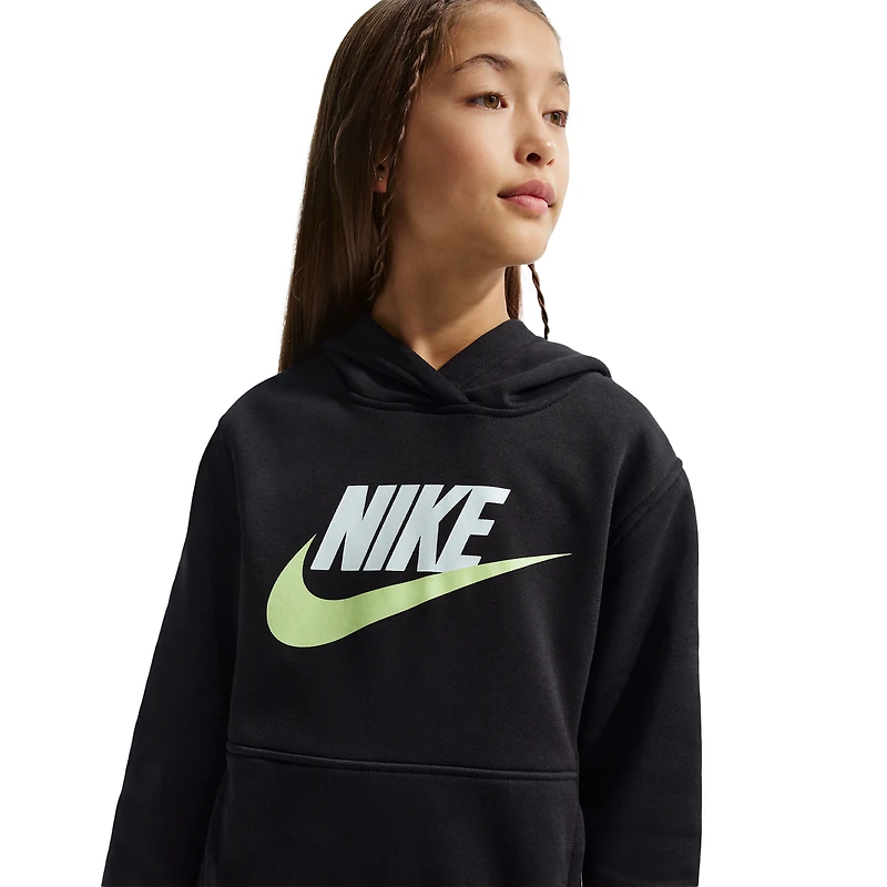 Nike Boys NSW Club HBR Fleece Hoodie - Boys' Grade School Black/White/Lt Liquid Lime