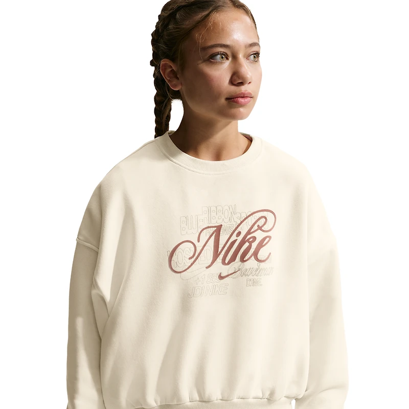Nike Girls NSW Club Fleece Boxy Crew GFX - Girls' Grade School Soft Pearl