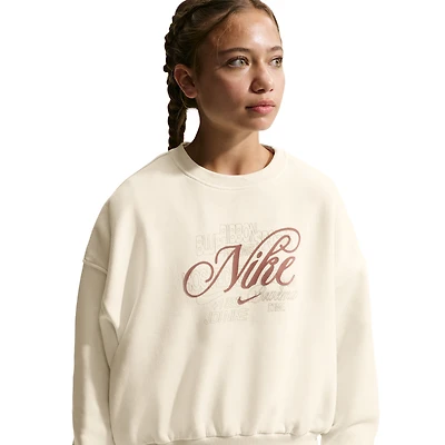Nike Girls NSW Club Fleece Boxy Crew GFX - Girls' Grade School Soft Pearl