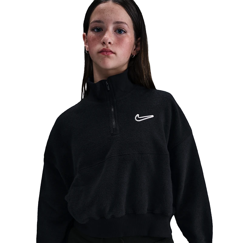 Nike Girls NSW Fleece Long Sleeve Quarter-Zip - Girls' Grade School White/Black