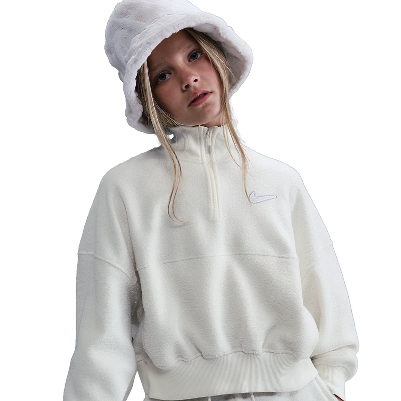 Nike Girls NSW Fleece Long Sleeve Quarter-Zip - Girls' Grade School Soft Pearl/White