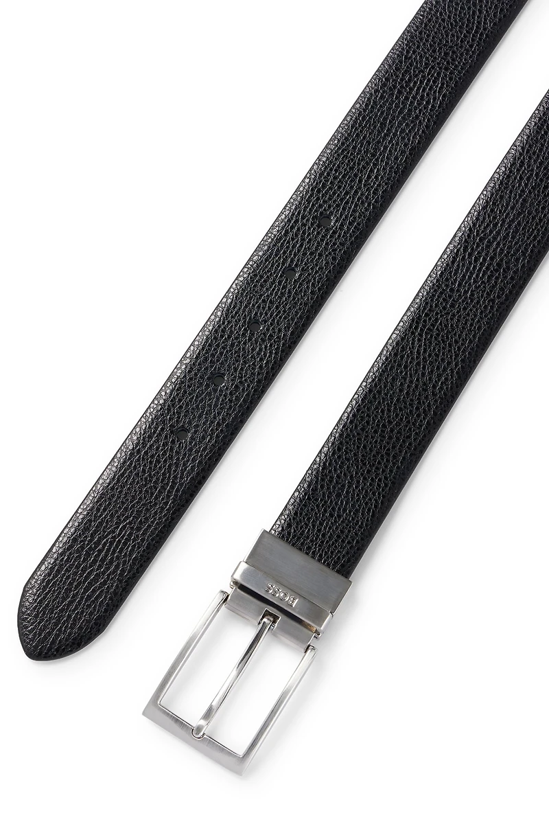 Reversible belt grained Italian leather with logo keeper