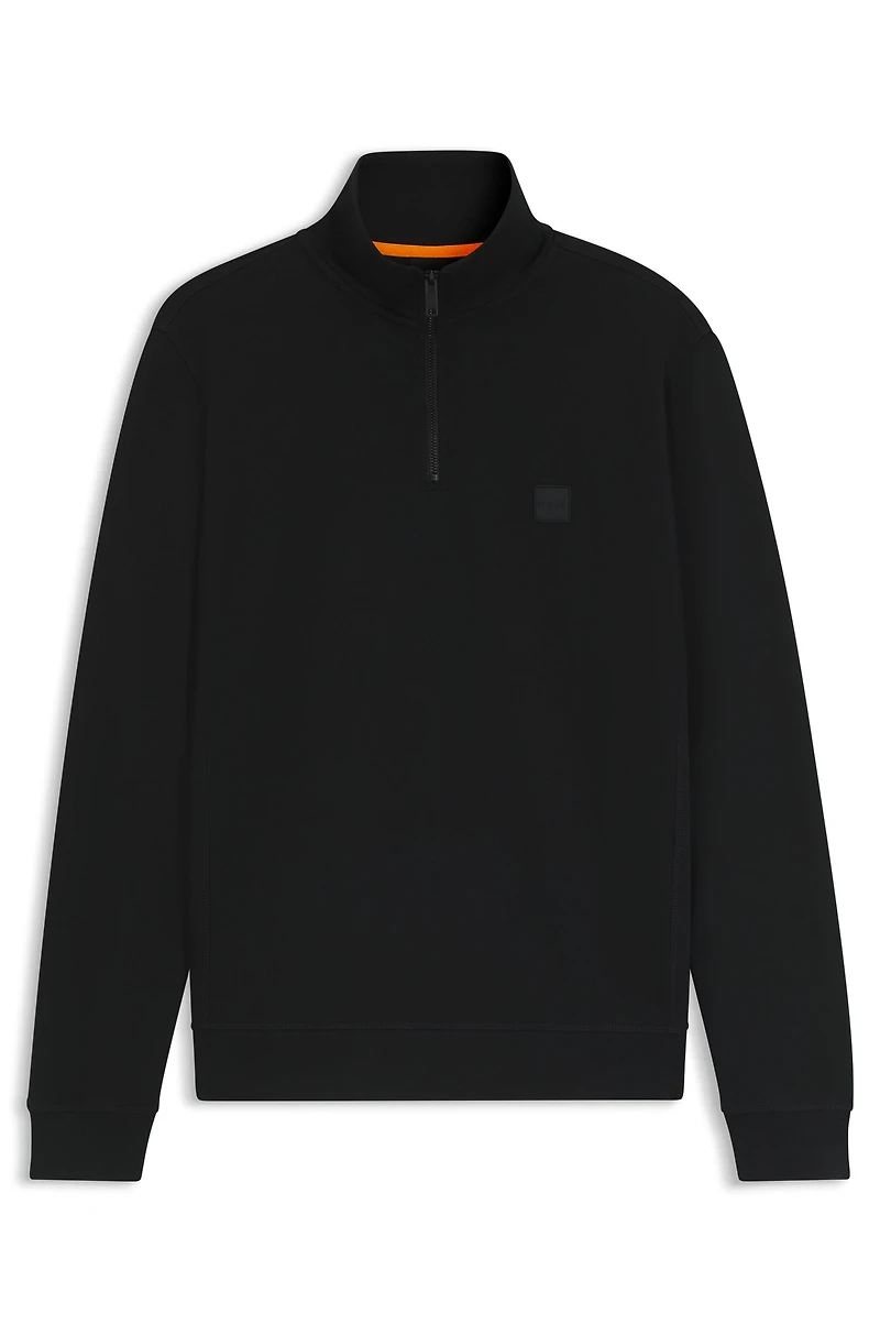 Zip-neck sweatshirt cotton terry with logo patch