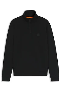 Zip-neck sweatshirt cotton terry with logo patch