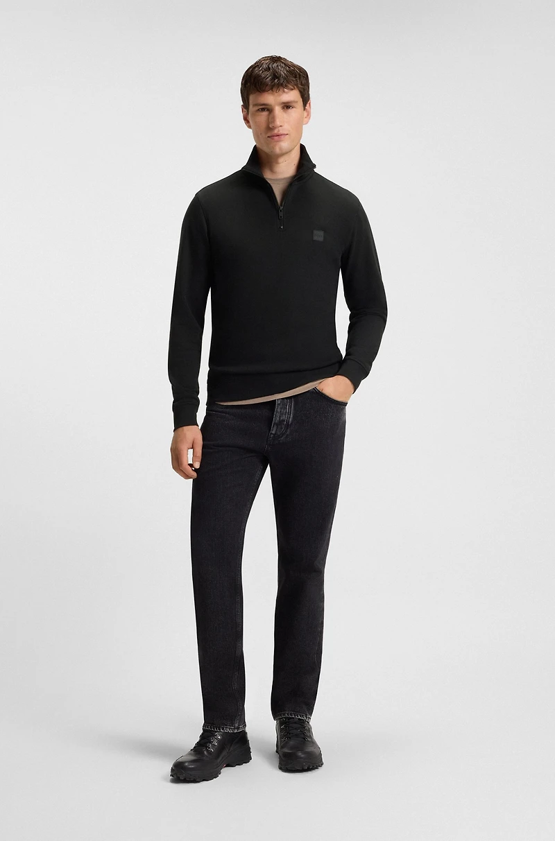 Zip-neck sweatshirt cotton terry with logo patch