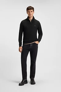 Zip-neck sweatshirt cotton terry with logo patch