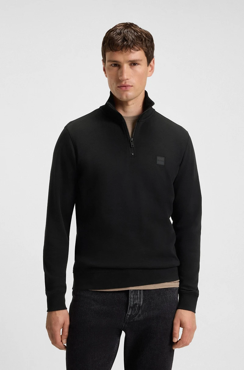 Zip-neck sweatshirt cotton terry with logo patch