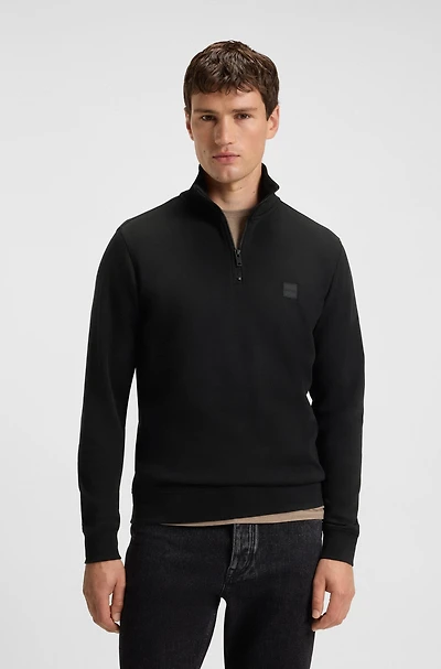 Zip-neck sweatshirt cotton terry with logo patch