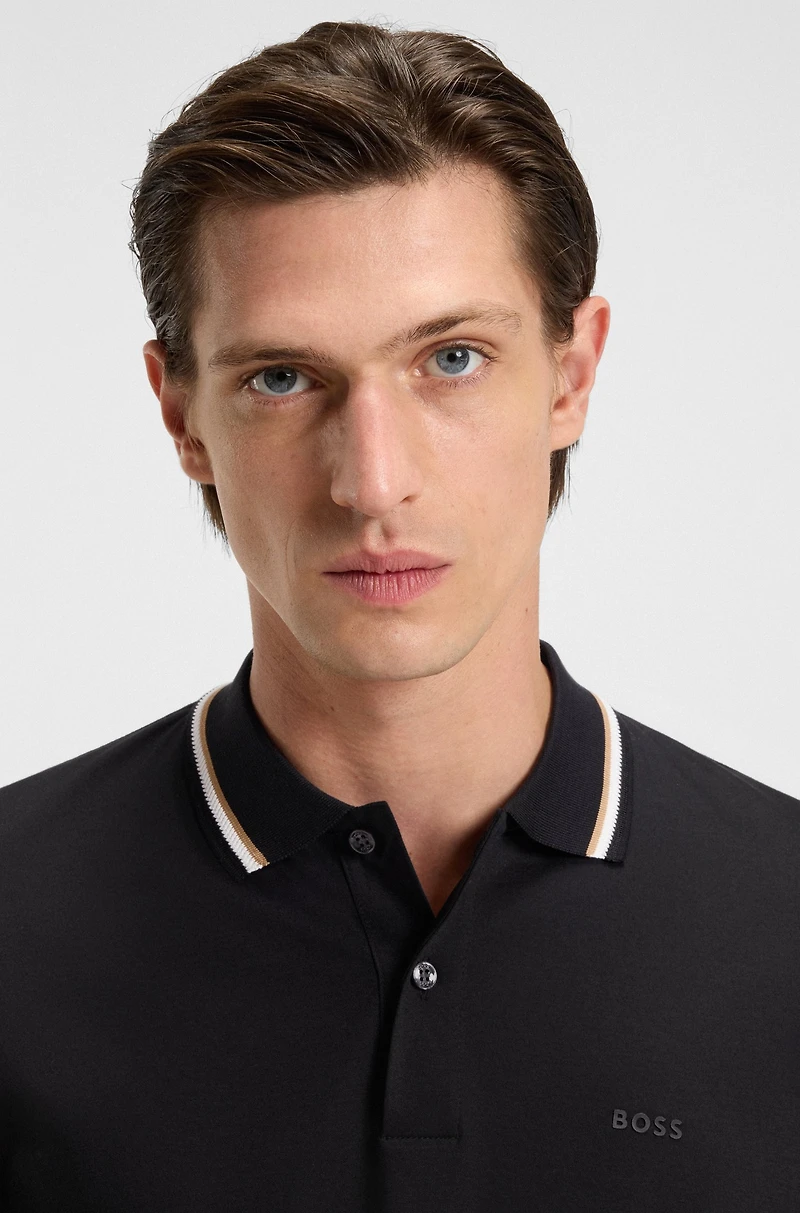 Striped-collar slim-fit polo shirt cotton with logo