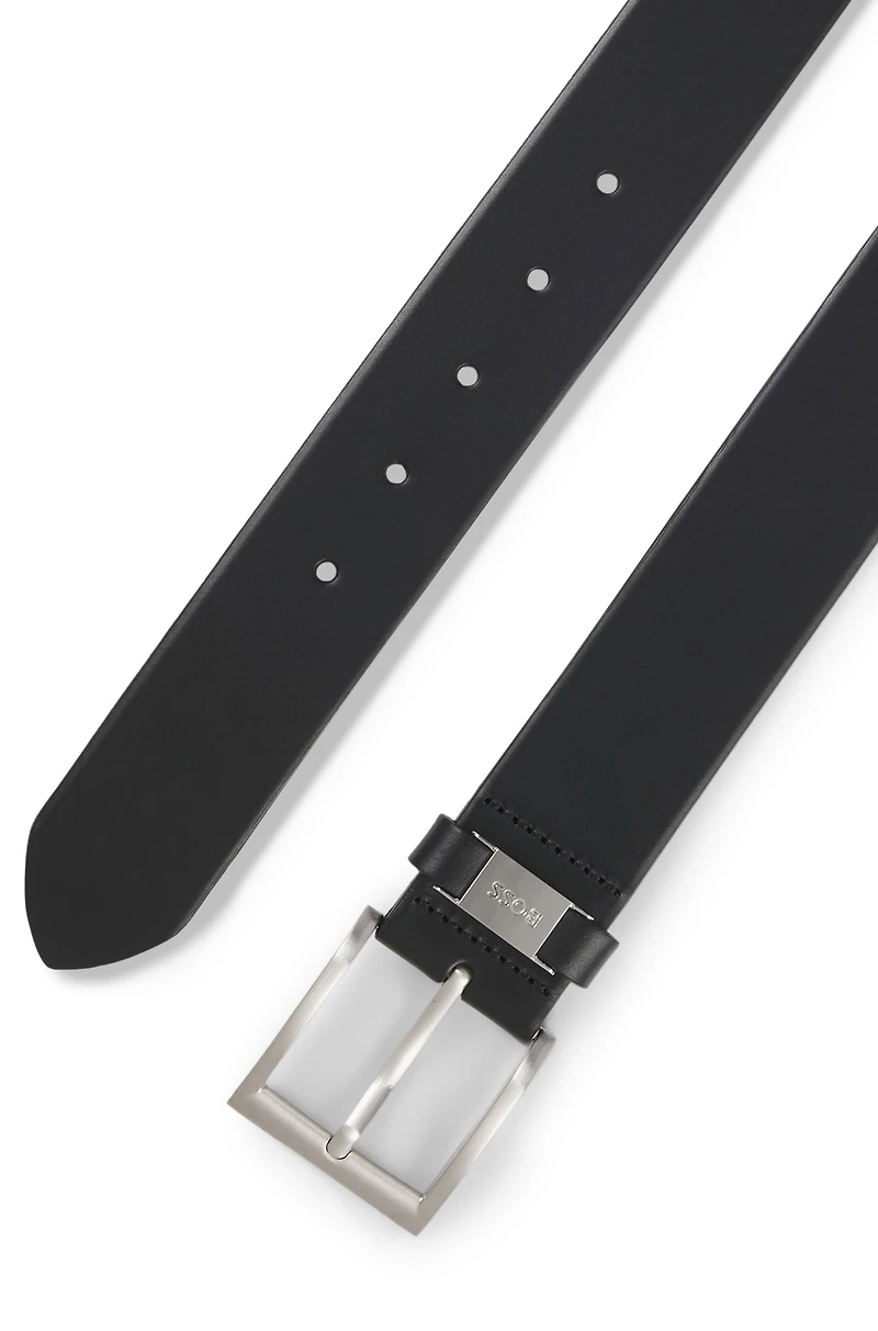 Italian-leather belt with logo keeper and brushed hardware