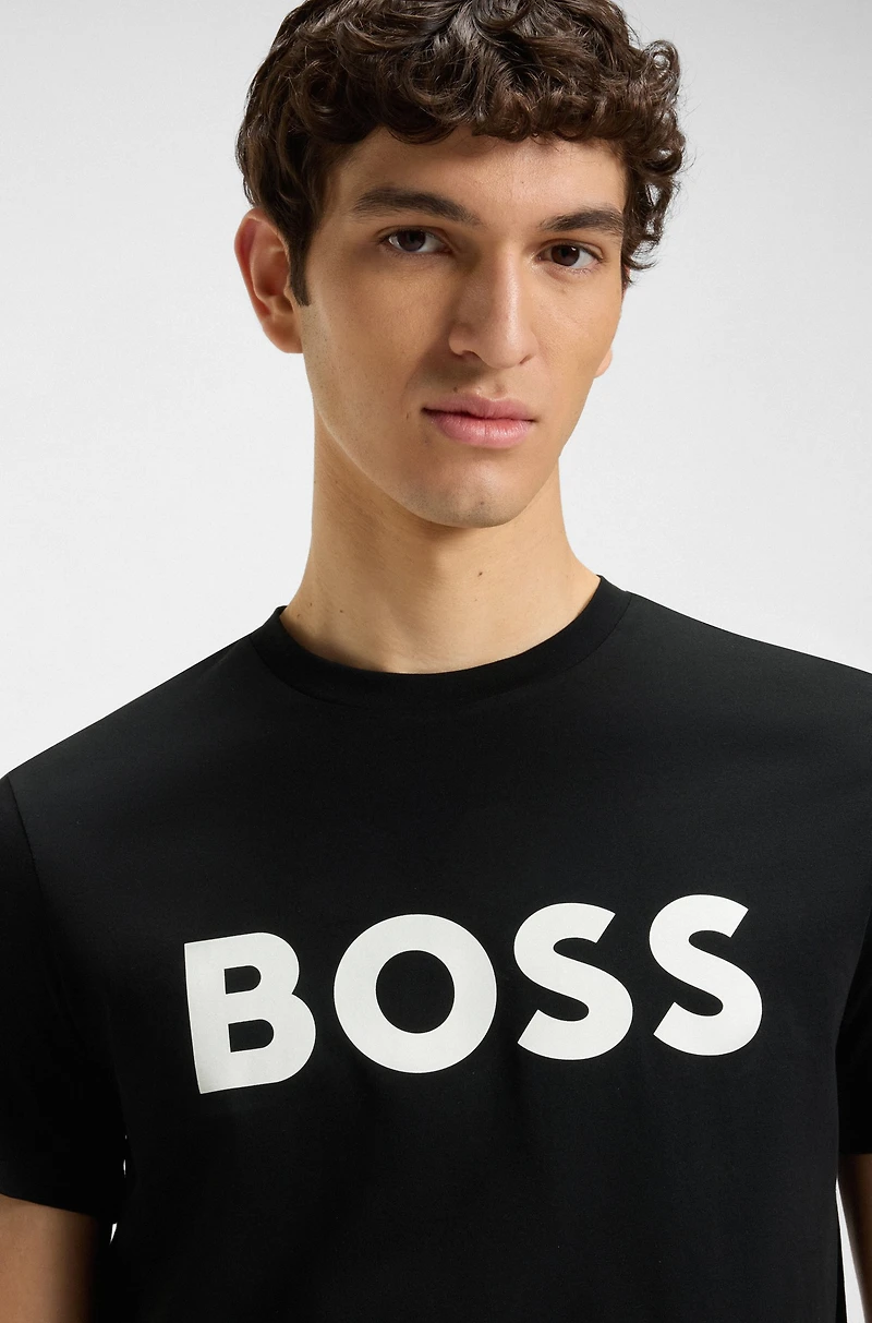 Cotton-jersey T-shirt with curved-logo print