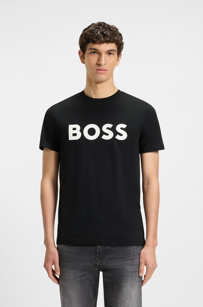 Cotton-jersey T-shirt with curved-logo print