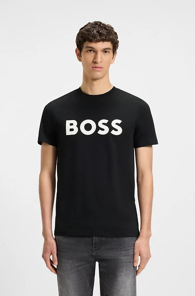 Cotton-jersey T-shirt with curved-logo print