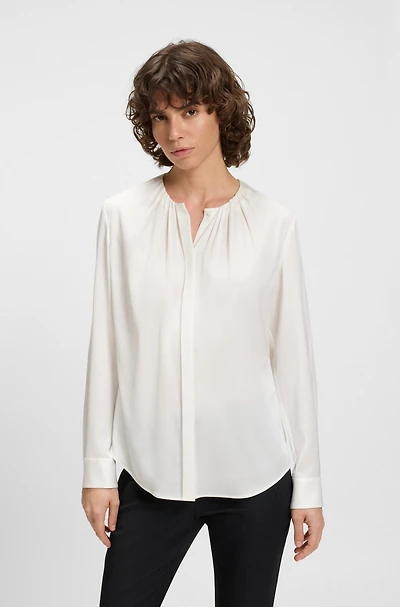 Ruched-neck blouse stretch-silk crepe de Chine