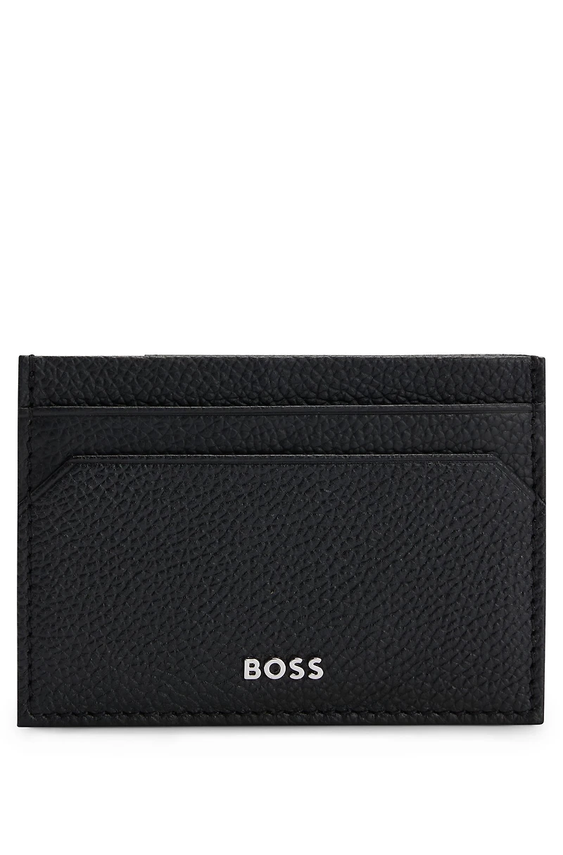 Brass money clip with card holder in grained leather
