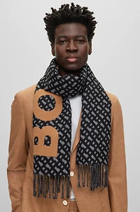 Fringed scarf with logo and monograms