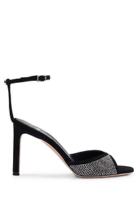 Suede sandals with crystal studs and buckle