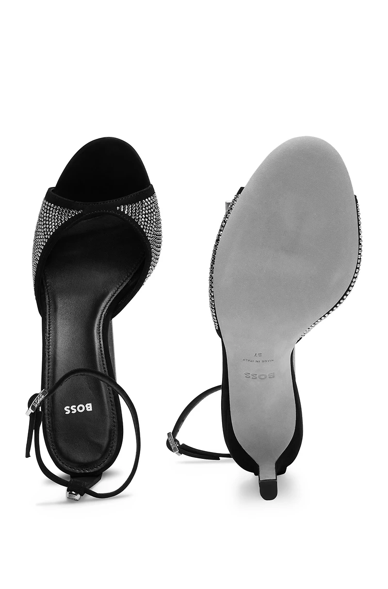 Suede sandals with crystal studs and buckle