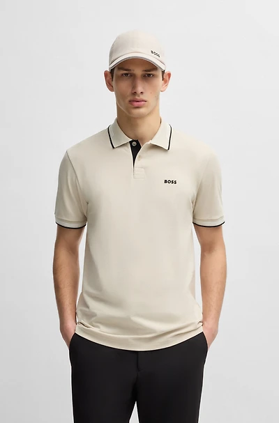 Stretch-cotton slim-fit polo shirt with branding and stripes
