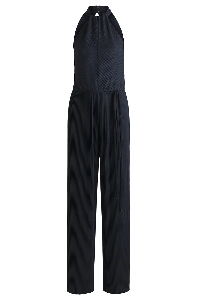 Sleeveless jumpsuit with plissé pleats and tie belt