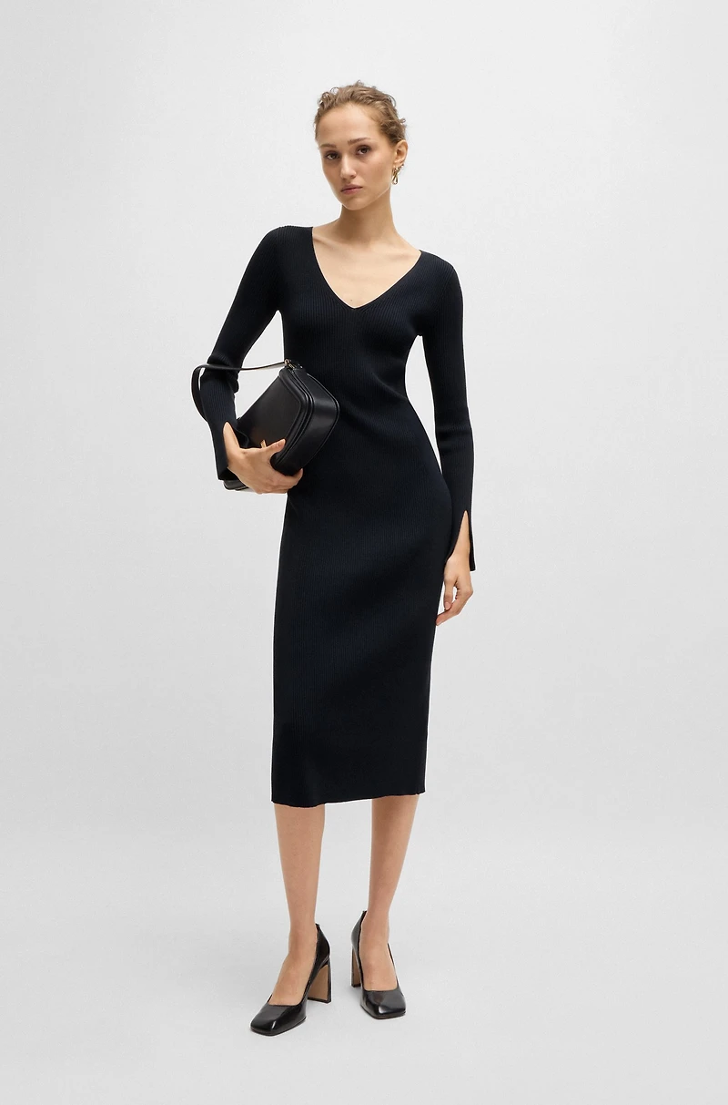Long-sleeved V-neck dress with ribbed knit